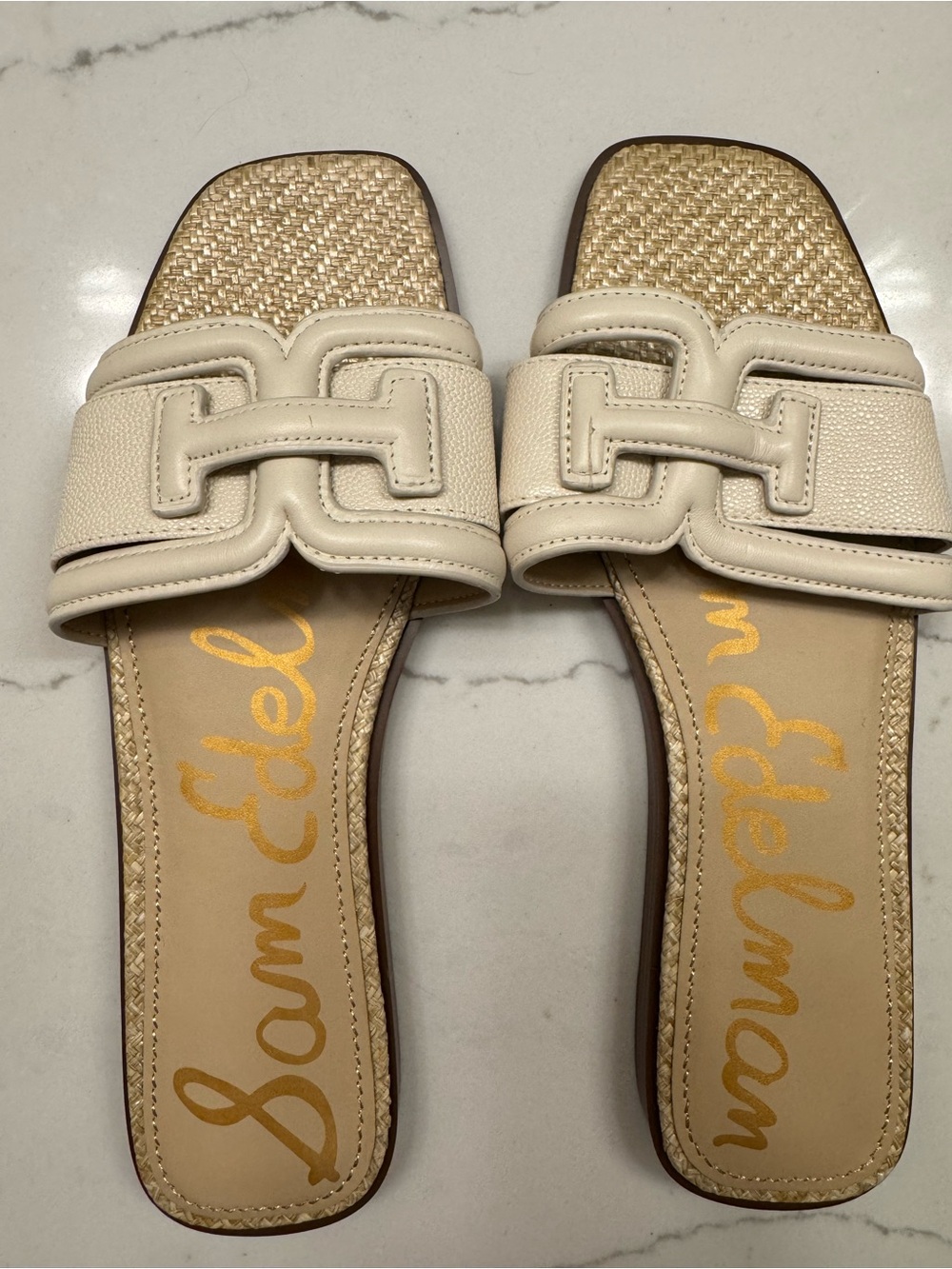 Sam Edelman Irina Cream Woven-Trim Slide Sandals